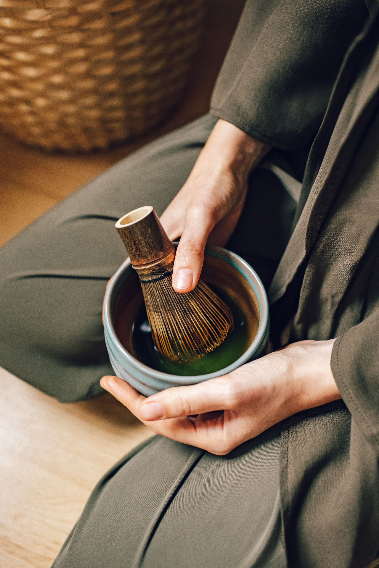 Bowl of freshly whisked matcha with bamboo chasen