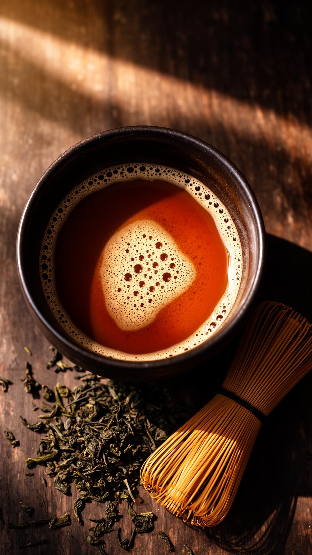 Bowl of freshly whisked hojicha with warm amber color