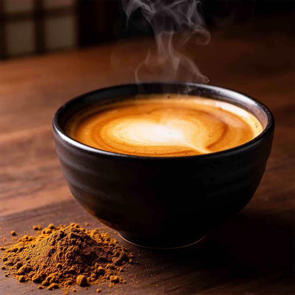 Warm amber hojicha in a dark bowl