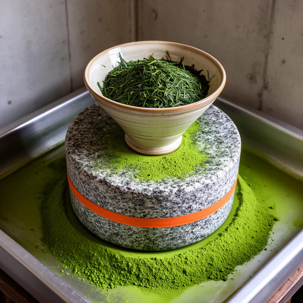 Traditional granite stone mill grinding matcha