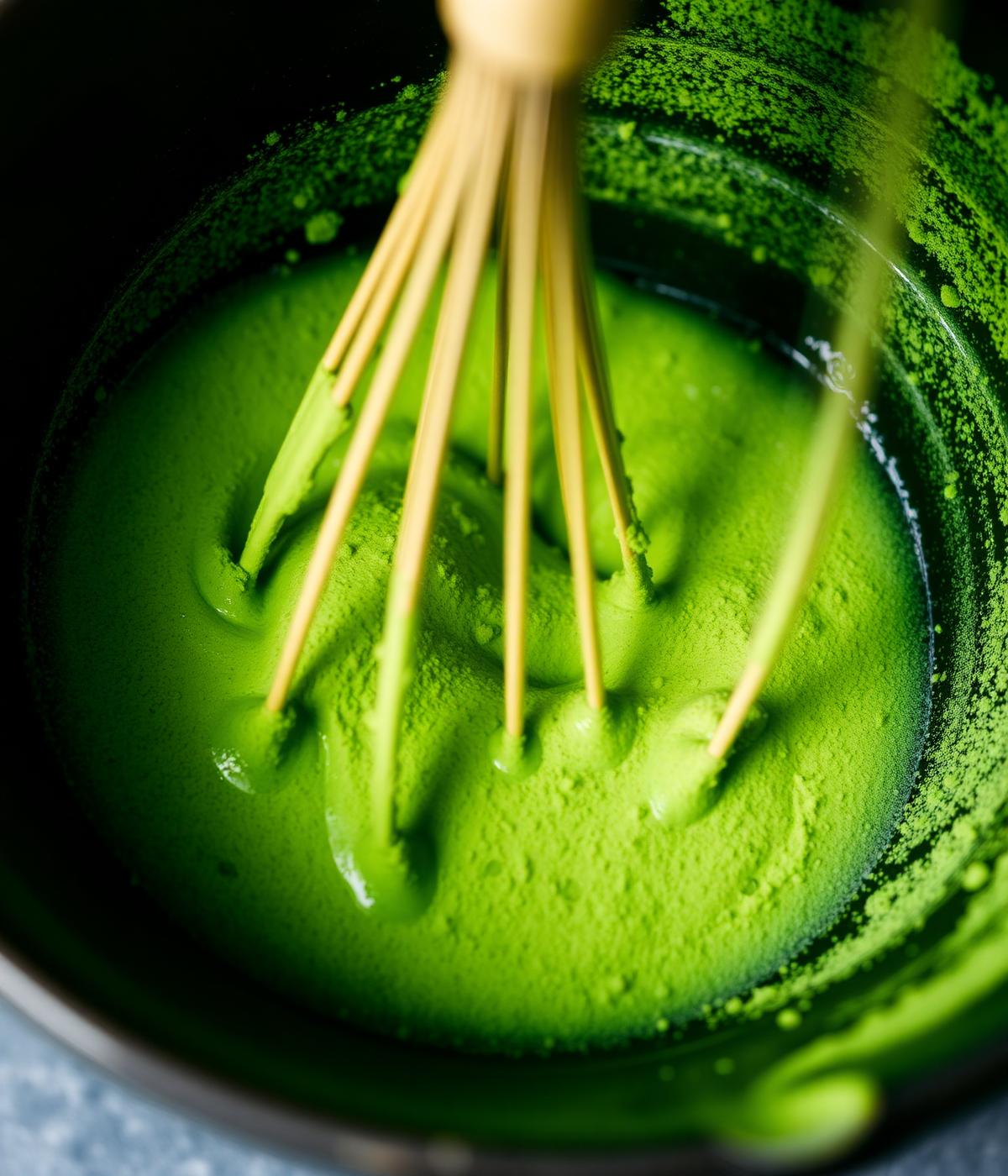 Whisking matcha in a dark bowl
